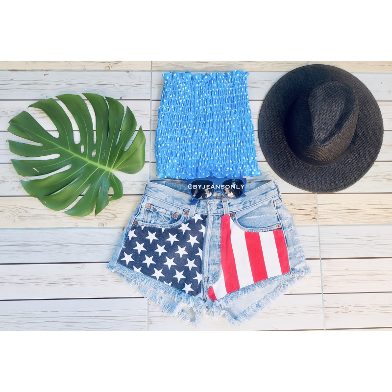 American flag denim shorts and blue crop top