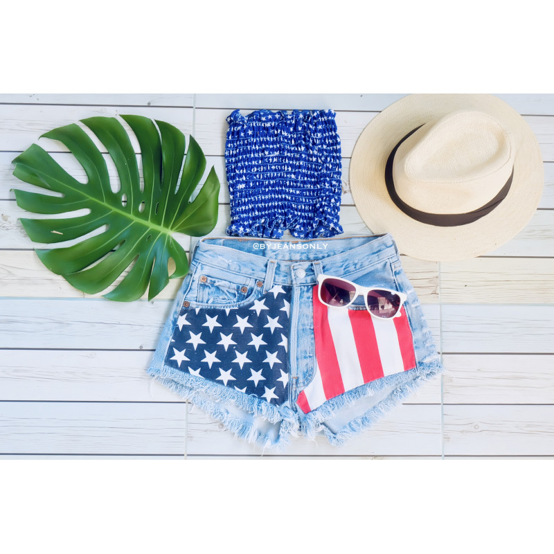 American flag denim shorts and blue stars crop top