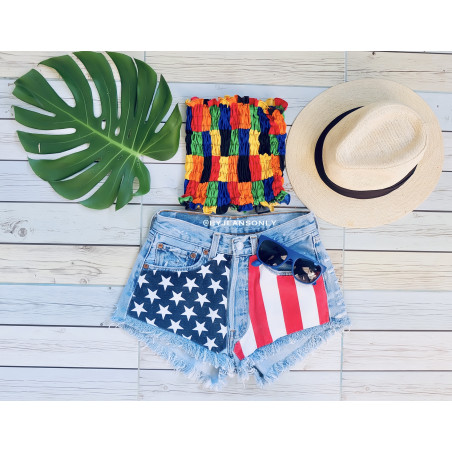 American flag denim shorts and rainbow crop top