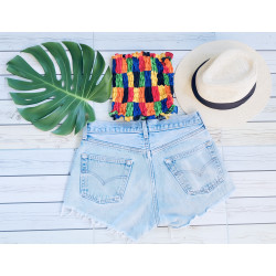heavy ripped denim shorts and rainbow crop top