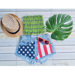 American flag denim shorts and green crop top