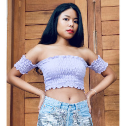 purple crop top with arm...